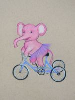A pink elephant in a purple tu-tu riding a tricycle